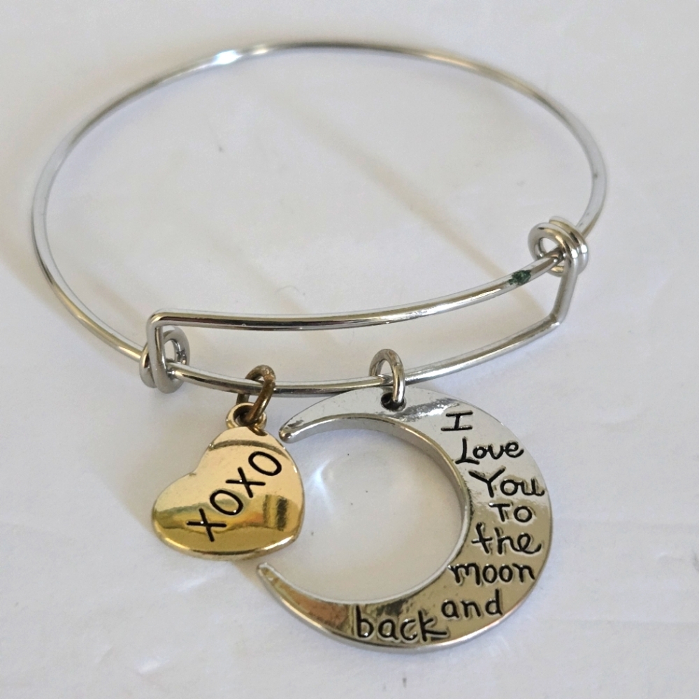 "I Love You to the Moon & Back" "XOXO" Silver & Gold Charm Bangle Bracelet NWOT